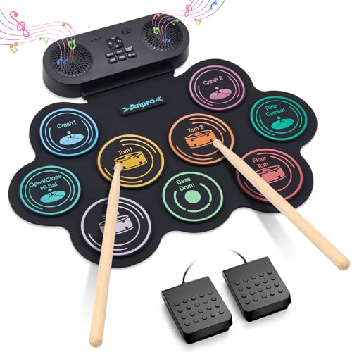 Anpro Elektronisches Schlagzeug-Set, 9 Trommelpads mit Dual-Stereo-Lautsprechern, Rollbares Drumkit mit Pedalen & Sticks, Kopfhörer/Bluetooth/MIDI Unterstützung, Geschenk für Kinder & Anfänger von Anpro