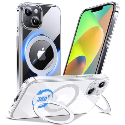 Anqrp 360° All-in-One-Ständerhülle Crystal Clear für iPhone 14/13 Hülle (Magnetischer Robust Ständer), [Mag-Safe Kompatibel] [Nie Vergilbung] Handyhülle für iPhone 14/13 Case Schutzhülle, Transparent von Anqrp