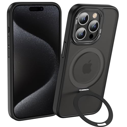 Anqrp Magz Serie für iPhone 15 Pro Hülle, Magnetisch Ring Ständer, Halbtransparent Matte Schutzhülle, Militär Stoßfest Handyhülle für iPhone 15 Pro mit Silikon 6.1’’, Schwarz von Anqrp