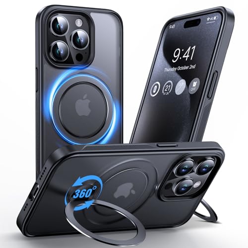 Anqrp 360° All-in-One-Ständerhülle für iPhone 15 Pro Hülle mit Rotierbarem Magnetischem Ständerringhalter, Stoßfeste MIL-Grade-iPhone 15 Pro Handyhülle 6,1 Zoll, Schwarz von Anqrp