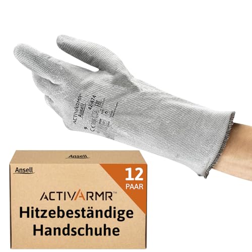 Ansell ActivArmr 42-474 Hitzebeständige Handschuhe, Mechanik- und Chemikalien-Schutz bei industriellen Arbeiten, Arbeitshandschuh Damen Herren, Grau, Größe L (12 Paar) von Ansell