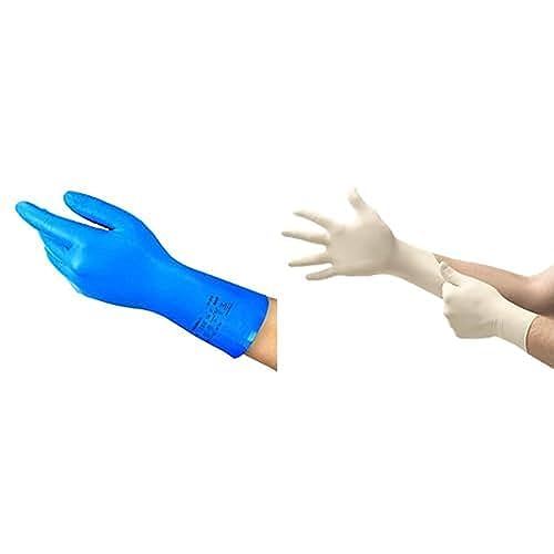 Ansell AlphaTec 37-310 Mehrzweckhandschuhe aus Nitril, Blau, Größe M (12 Paar) + TouchNTuff 69-318 Latex Einweghandschuhe Puderfrei, Professionelle Schutzhandschuhe, Weiß, Größe M (100 Handschuhe) von Ansell