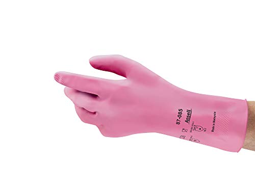 Ansell AlphaTec 87-085 Mehrzweckhandschuhe aus Latex, Chemikalienschutz, Lebensmittel Geeignet, Wiederverwendbare Gummihandschuhe, Hausputz, Haushalt, Kochen, Rosa, Größe L (12 Paar) von Ansell