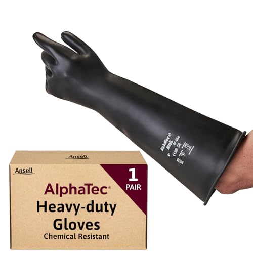 Ansell AlphaTec 87-104, Hochbelastbare Chemikalienschutzhandschuhe, 43cm Lange Stulpen, Strapazierfähige Schwarze Naturkautschuk- Latex Handschuhe für Industrie, Große Gummihandschuhe, 1 Paar, Gr. L von Ansell