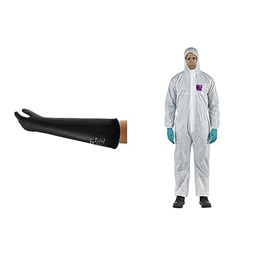 Ansell AlphaTec 87-108 Chemikalienschutz-Handschuhe aus Latex, Schwarz, Größe L (1 Paar) + AlphaTec 1500 Model 138, Einweg-Schutzanzug mit Kapuze, Wasserdichter, Weiß, Größe L (1 Stück) von Ansell