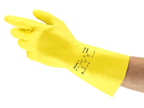 Ansell Econohands Plus Ansell 87-190 / 8.5-9 Naturgummilatex Handschuhe, Chemikalien und Flüssigkeitsschutz, Größe 8,5-9, Gelb (12 Paar pro Beutel) von Ansell