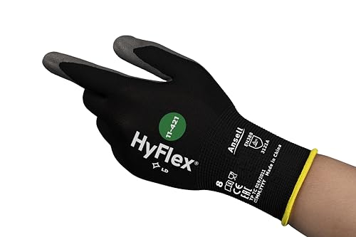 Hyflex Ansell 11-421 Arbeitshandschuhe, Mechaniker-Handschuh, Exzellente Abriebfestigkeit, Feine und Dehnbare Maschen, Silikon- und DMF-Frei, Industrie PSA, Grau, Größe L (12 Paar) von Hyflex