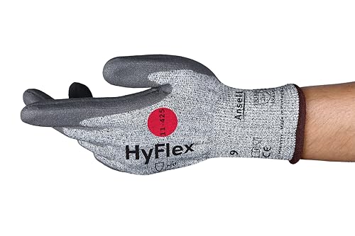 Hyflex Ansell 11-425 Arbeitshandschuhe, Mechanikschutz, Schnittschutz, Industrie und Mechaniker Handschuhe, Montagehandschuh, Grau, Größe L (12 Paar) von Hyflex