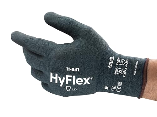 Hyflex Ansell 11-541 Schnittfester Arbeitshandschuhe Kevlar Nitril, Mechanik-Schutz, Erweiterte Griff- und Komforttechnologie, Damen Herren, Waschbar, Grau, Größe L (12 Paar) von Hyflex