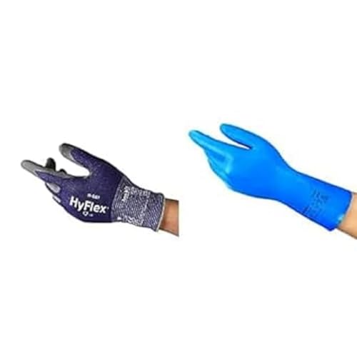 HyFlex 11-561 Schnittschutz-Handschuhe, Atmungsaktive Nitril-beschichtung, Blau, Größe L (1 Paar) + AlphaTec 37-310 Mehrzweckhandschuhe aus Nitril, Chemikalienschutz, Blau, Größe L (12 Paar) von Ansell