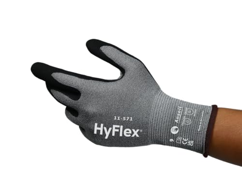 Ansell HyFlex 11-571 Schnittschutz-Handschuhe, Atmungsaktive Nitril-beschichtung, Höchste Weiterreißfestigkeit, Arbeitshandschuhe Herren Damen, Waschbare, Grau, Größe M (12 Paar) von Ansell