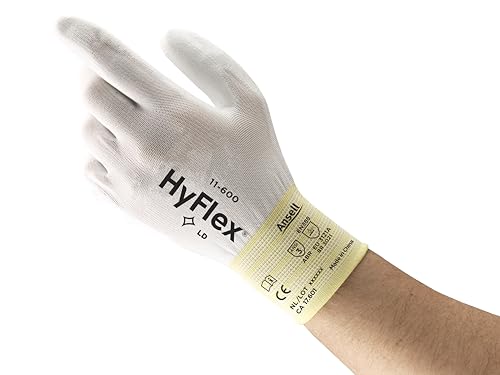 Ansell HyFlex 11-600 Dünne Arbeitshandschuhe, Nylon-Strickhandschuhe mit PU Beschichtung, Leichte Schutzhandschuhe, Präzises Arbeiten und Heimwerken, Mechanikschutz, Weiß, Größe 2XL (12 Paar) von Ansell