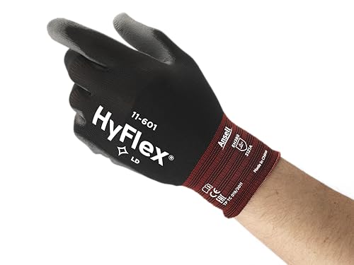 Ansell HyFlex 11-601 Dünne Arbeitshandschuhe, Nylon-Strickhandschuhe mit PU Beschichtung, Leichte Schutzhandschuhe, Präzises Arbeiten und Heimwerken, Mechanikschutz, Schwarz, Größe L (12 Paar) von Ansell