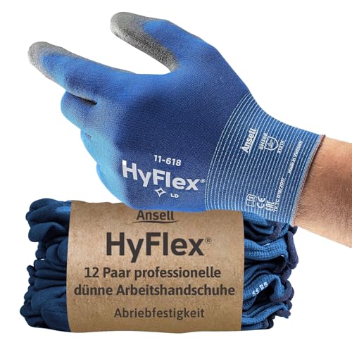 Ansell HyFlex 11-618 Mechaniker- Nylon Handschuhe, Abriebfeste Schutzhandschuhe mit PU-Beschichtung, Sicherheitshandschuhe für Präzisionsarbeiten, Touchscreen-Arbeitshandschuhe, 12 Paar, Gr. 2XL von Hyflex