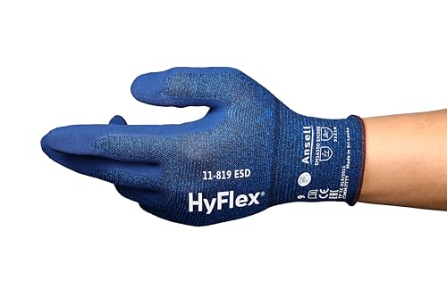 Ansell HyFlex 11-819 Dünne Arbeitshandschuhe, Rutschfeste Nitril-Beschichtung, Schutzhandschuhe vor Elektrostatischen Entladungen, Antistatisch, TouchScreen, Blau, Größe L (12 Paar) von Ansell