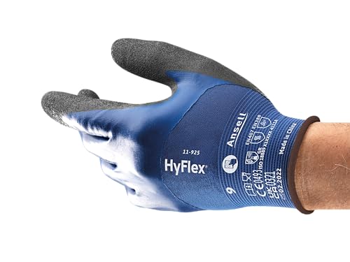 Ansell HyFlex 11-925 Ölabweisenden Arbeitshandschuhe, Rutschfeste Nitril-Beschichtung, Wasserdichte Schutzhandschuhe für Industrie und Mechanik, Dünne Montagehandschuhe, Blau, Größe L (12 Paar) von Ansell