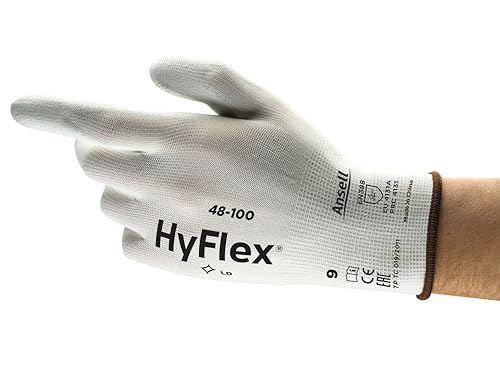Ansell HyFlex 48-100 Dünne Arbeitshandschuhe mit PU Beschichtung, Leichte Schutzhandschuhe für Präzises Arbeiten, Heimwerk, Montage, Handschuhe Herren Damen, Weiß, Größe S (12 Paar) von Ansell