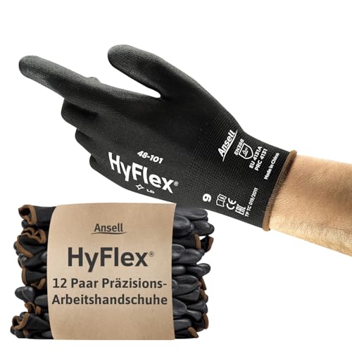 Ansell HyFlex 48-101 Dünne Arbeitshandschuhe mit PU Beschichtung, Leichte Schutzhandschuhe für Präzises Arbeiten, Heimwerk, Montage, Handschuhe Herren Damen, Schwarz, Größe L (12 Paar) von Ansell