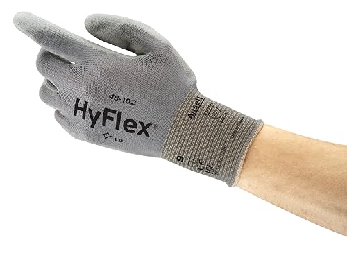 Ansell HyFlex 48-102 Dünne Arbeitshandschuhe mit PU Beschichtung, Leichte Schutzhandschuhe für Präzises Arbeiten, Heimwerk, Montage, Handschuhe Herren Damen, Grau, Größe L (12 Paar) von Ansell