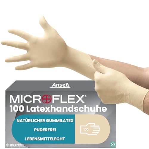 Ansell MicroFlex 63-864 Latex Einweghandschuhe Puderfrei, Professionelle Schutzhandschuhe mit Texturierte Fingerspitzen, Lebensmittel Einmalhandschuhe, Weiß, Größe XL (100 Handschuhe) von Ansell