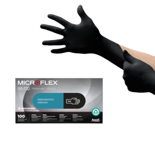 Ansell Microflex 93-732 Einmalhandschuhe Latexfreie, Schwarze Nitrilhandschuhe Puderfrei, Lebensmittel Handschuhe, Tattoo Handschuhe, Werkstatt Handschuhe Schwarz L (100 Stück) von Ansell