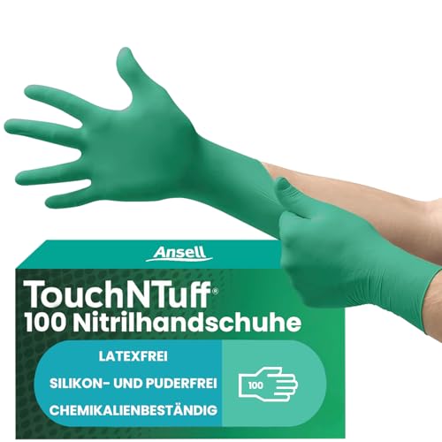 Ansell TouchNTuff 92-605 Nitril Einweghandschuhe Puderfrei, Professionelle Schutzhandschuhe für Chemie und Mechanik, Lebensmittel Einmalhandschuhe, Latexfrei, Grün, Größe L (100 Handschuhe) von Ansell