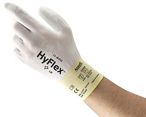 Ansell HyFlex 11-600 Dünne Arbeitshandschuhe, Nylon-Strickhandschuhe mit PU Beschichtung, Leichte Schutzhandschuhe, Präzises Arbeiten und Heimwerken, Mechanikschutz, Weiß, Größe S (12 Paar) von Ansell
