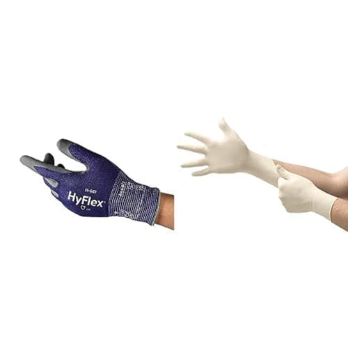 HyFlex 11-561 Schnittschutz-Handschuhe, Atmungsaktive Nitril-beschichtung, Blau, Größe L (1 Paar)+TouchNTuff 69-318 Latex Einweghandschuhe, Professionelle Schutzhandschuhe Weiß Größe L(100 Handschuhe) von Ansell