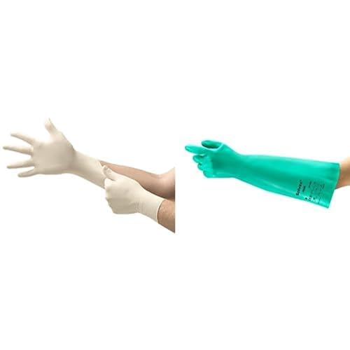MicroFlex 63-864 Latex Einweghandschuhe, Professionelle Schutzhandschuhe, Weiß, Größe L (100 Handschuhe) + AlphaTec 37-185 Nitril-Arbeitshandschuhe, Industrie Chemikalien, Grün, Größe L (1 Paar) von Ansell