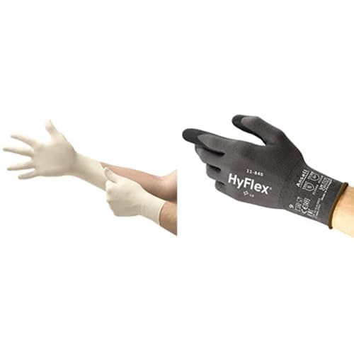 MicroFlex 63-864 Latex Einweghandschuhe, Professionelle Schutzhandschuhe, Weiß, Größe L (100 Handschuhe) + HyFlex 11-840 Professionelle Arbeitshandschuhe Schutzhandschuhe; Schwarz, Größe L (1 Paar) von Ansell