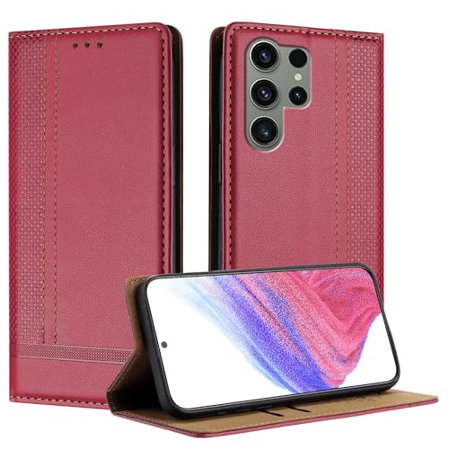Anshow für Samsung S23 Ultra Lederhülle, Retrostil: Multifunktional Hülle mit 2 Kartenfach, Wallet Klapphülle Magnet Klappbar Stoßfeste Handyhülle Flip Case Tasche PU, Rosenrot von Anshow