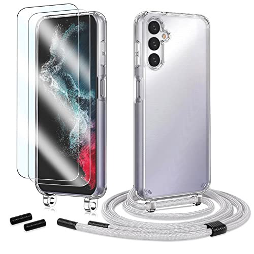 Anshow Handykette für Samsung Galaxy A14 5G Hülle mit Band + 2 Schutzfolie, Robust Necklace Extrem Stoßfest Handyhülle Samsung A14 5G Case Transparent Schutzhülle zum Umhängeband Abnehmbar, Grau von Anshow