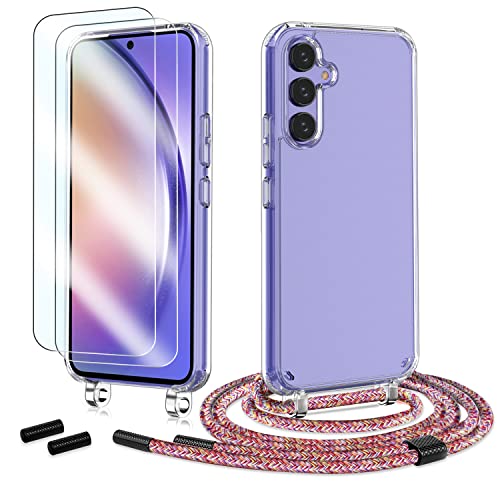 Anshow Handykette für Samsung Galaxy A35 Hülle mit Band + 1 Schutzfolie, Robust Necklace Extrem Stoßfest Handyhülle Samsung A35 Case Transparent Schutzhülle zum Umhängeband Abnehmbar, Regenbogen von Anshow