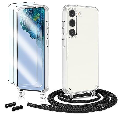 Anshow Handykette für Samsung Galaxy S22 Hülle mit Band + 1 Schutzfolie, Robust Necklace Extrem Stoßfest Handyhülle Samsung S22 Case Transparent Schutzhülle zum Umhängeband Abnehmbar, Schwarz von Anshow