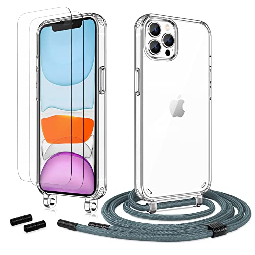 Anshow Handykette für iPhone 12 Pro Max Hülle mit Band + 2 Schutzfolie, Robust Necklace Extrem Stoßfest Handyhülle iPhone 12 Pro Max Case Transparent Schutzhülle zum Umhängeband Abnehmbar, Silber von Anshow