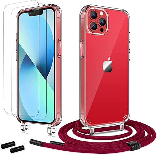 Anshow Handykette für iPhone 12 Pro Max Hülle mit Band + 2 Schutzfolie, Robust Necklace Extrem Stoßfest Handyhülle iPhone 12 Pro Max Case Transparent Schutzhülle zum Umhängeband Abnehmbar, WineRed von Anshow