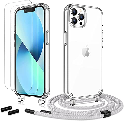 Anshow Handykette für iPhone 12 Pro Max Hülle mit Band + 2 Schutzfolie, Robust Necklace Extrem Stoßfest Handyhülle iPhone 12 Pro Max Case Transparent Schutzhülle zum Umhängeband Abnehmbar, Grau von Anshow