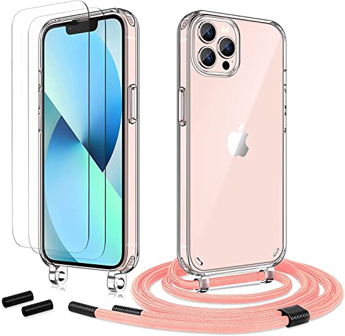 Anshow Handykette für iPhone 12 Pro Max Hülle mit Band + 2 Schutzfolie, Robust Necklace Extrem Stoßfest Handyhülle iPhone 12 Pro Max Case Transparent Schutzhülle zum Umhängeband Abnehmbar, Rosa von Anshow