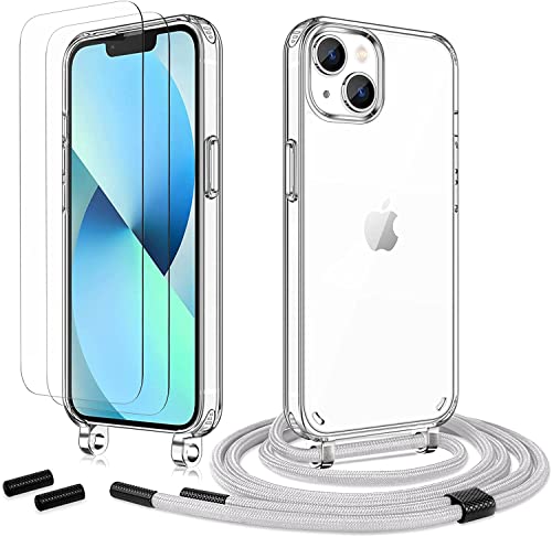 Anshow Handykette für iPhone 13 Mini Hülle mit Band + 2 Schutzfolie, Robust Necklace Extrem Stoßfest Handyhülle iPhone 13 Mini Case Transparent Schutzhülle zum Umhängeband Abnehmbar, Grau von Anshow