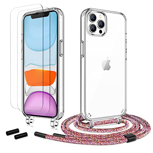 Anshow Handykette für iPhone 13 Pro Hülle mit Band + 2 Schutzfolie, Robust Necklace Extrem Stoßfest Handyhülle iPhone 13 Pro Case Transparent Schutzhülle zum Umhängeband Abnehmbar, Regenbogen von Anshow