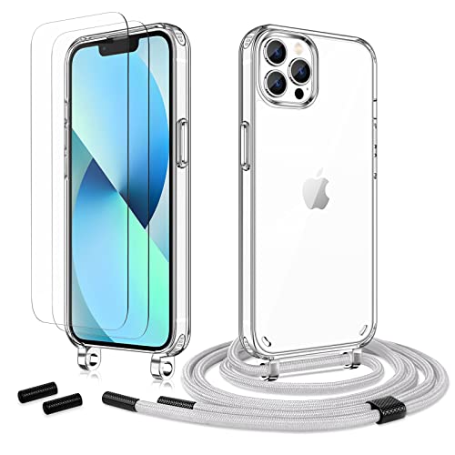 Anshow Handykette für iPhone 13 Pro Max Hülle mit Band + 2 Schutzfolie, Robust Necklace Extrem Stoßfest Handyhülle iPhone 13 Pro Max Case Transparent Schutzhülle zum Umhängeband Abnehmbar, Grau von Anshow