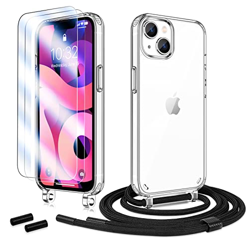 Anshow Handykette für iPhone 15 Hülle mit Band + 2 Schutzfolie, Robust Necklace Extrem Stoßfest Handyhülle iPhone 15 Case Transparent Schutzhülle zum Umhängeband Abnehmbar, Schwarz von Anshow