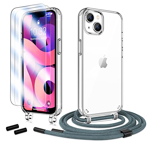 Anshow Handykette für iPhone 15 Plus Hülle mit Band + 2 Schutzfolie, Robust Necklace Extrem Stoßfest Handyhülle iPhone 15 Plus Case Transparent Schutzhülle zum Umhängeband Abnehmbar, Silber von Anshow