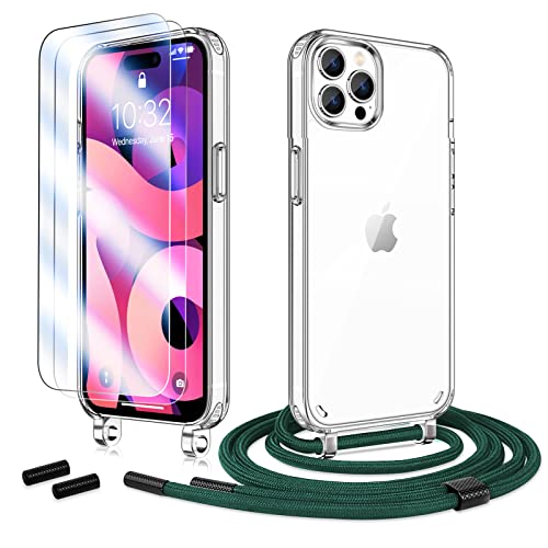 Anshow Handykette für iPhone 15 Pro Hülle mit Band + 2 Schutzfolie, Robust Necklace Extrem Stoßfest Handyhülle iPhone 15 Pro Case Transparent Schutzhülle zum Umhängeband Abnehmbar, Alpingrün von Anshow