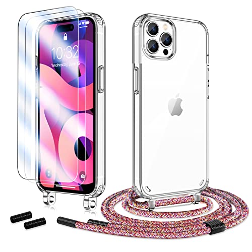 Anshow Handykette für iPhone 15 Pro Hülle mit Band + 2 Schutzfolie, Robust Necklace Extrem Stoßfest Handyhülle iPhone 15 Pro Case Transparent Schutzhülle zum Umhängeband Abnehmbar, Regenbogen von Anshow