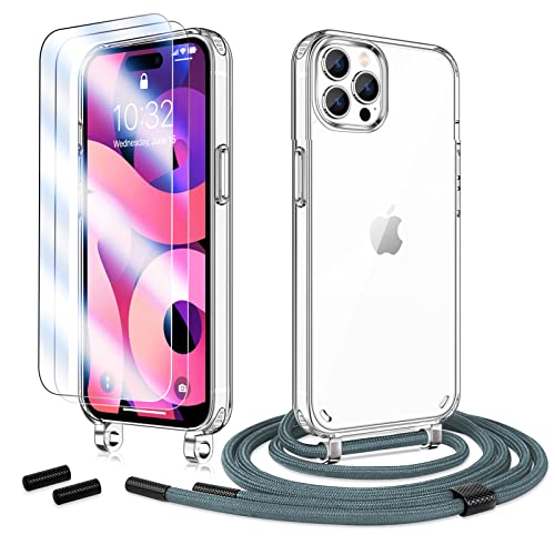 Anshow Handykette für iPhone 15 Pro Max Hülle mit Band + 2 Schutzfolie, Robust Necklace Extrem Stoßfest Handyhülle iPhone 15 Pro Max Case Transparent Schutzhülle zum Umhängeband Abnehmbar, Silber von Anshow