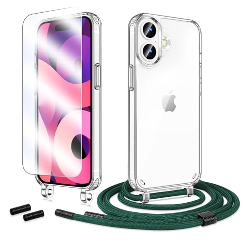 Anshow Handykette für iPhone 16 Hülle mit Band + 1 Schutzfolie, Robust Necklace Extrem Stoßfest Handyhülle iPhone 16 Case Transparent Schutzhülle zum Umhängeband Abnehmbar, Alpingrün Anshow Handykette für iPhone 16 Hülle mit Band + 1 Schutzfolie, Robust Necklace Extrem Stoßfest Handyhülle iPhone 16 Case Transparent Schutzhülle zum Umhängeband Abnehmbar, Alpingrün von Anshow