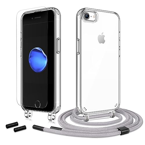 Anshow Handykette für iPhone 7/8/SE2020/SE2022 Hülle mit Band + 1 Schutzfolie, Robust Necklace Extrem Stoßfest Handyhülle Case Transparent Schutzhülle zum Umhängeband Abnehmbar, Grau von Anshow