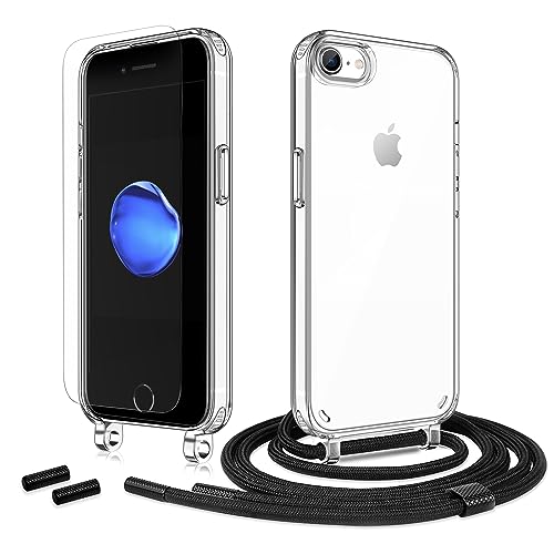 Anshow Handykette für iPhone 7/8/SE2020/SE2022 Hülle mit Band + 1 Schutzfolie, Robust Necklace Extrem Stoßfest Handyhülle Transparent Schutzhülle zum Umhängeband Abnehmbar, Schwarz von Anshow