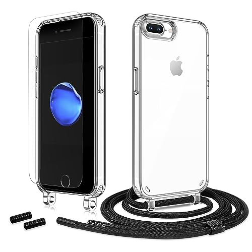 Anshow Handykette für iPhone 7 Plus / 8 Plus Hülle mit Band + 1 Schutzfolie, Robust Necklace Extrem Stoßfest Handyhülle Transparent Schutzhülle zum Umhängeband Abnehmbar, Schwarz von Anshow